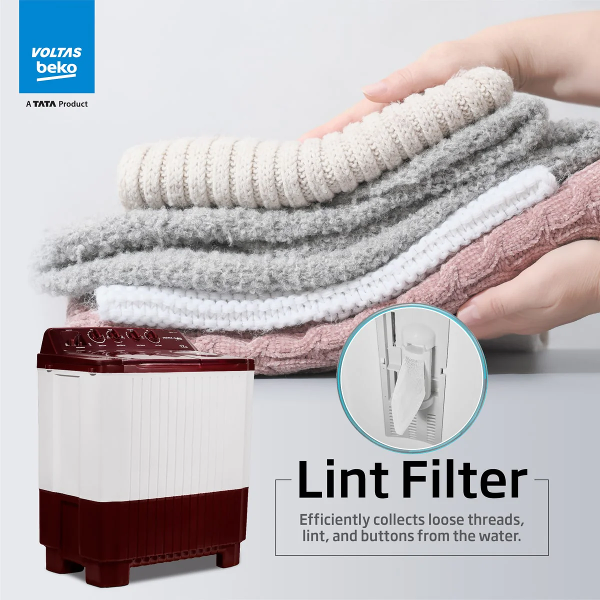 7.2 Kg Semi Automatic Washing Machine ( WTT72ASPL,Maroon White) , Voltas Beko, A Tata Product - Image 3