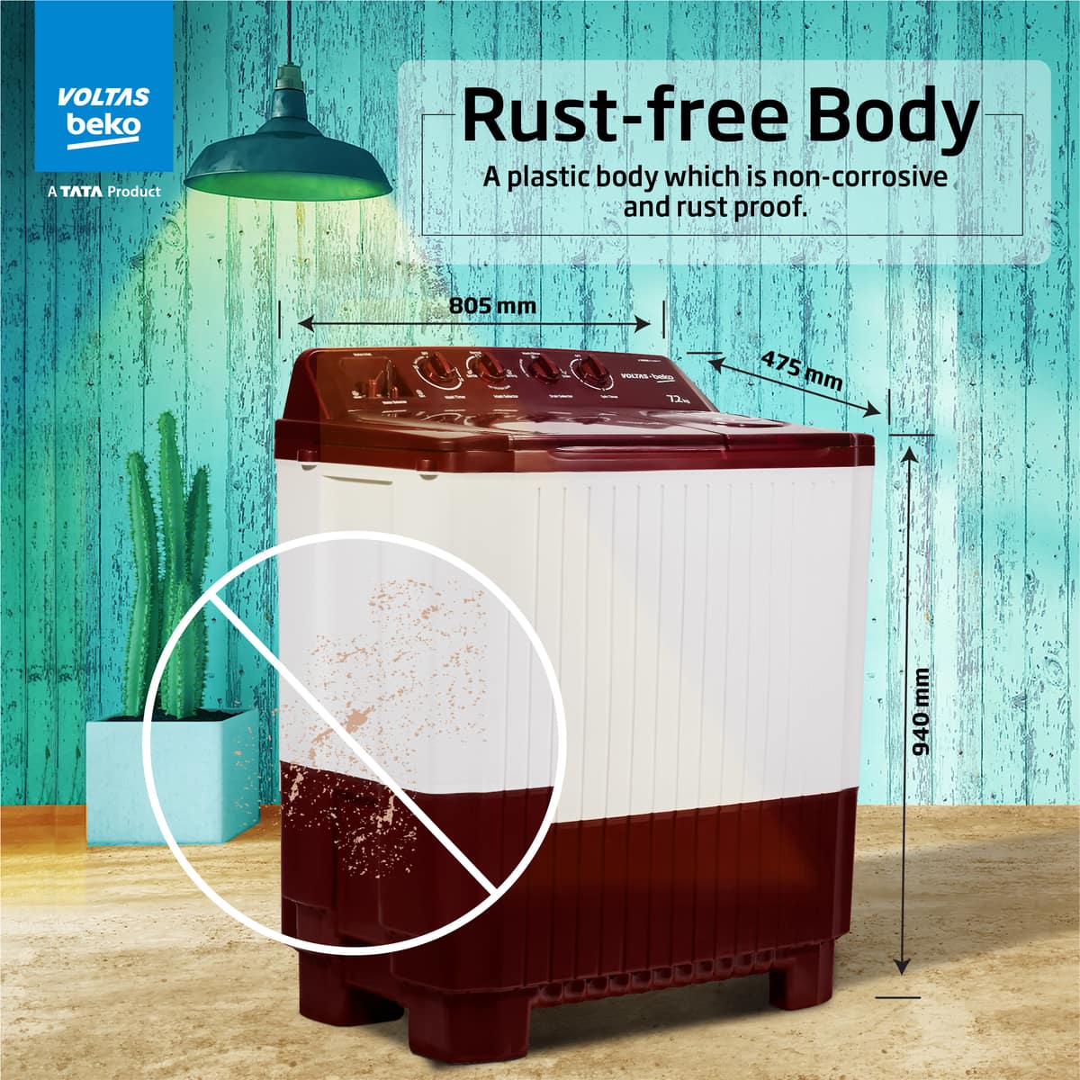 7.2 Kg Semi Automatic Washing Machine ( WTT72ASPL,Maroon White) , Voltas Beko, A Tata Product - Image 4