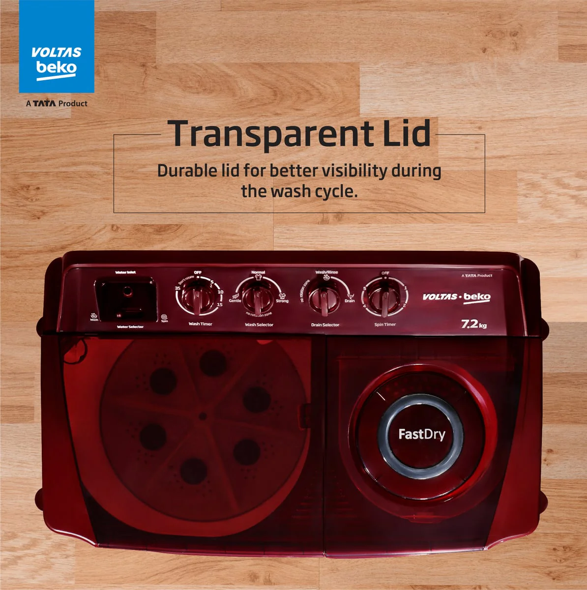 7.2 Kg Semi Automatic Washing Machine ( WTT72ASPL,Maroon White) , Voltas Beko, A Tata Product - Image 6