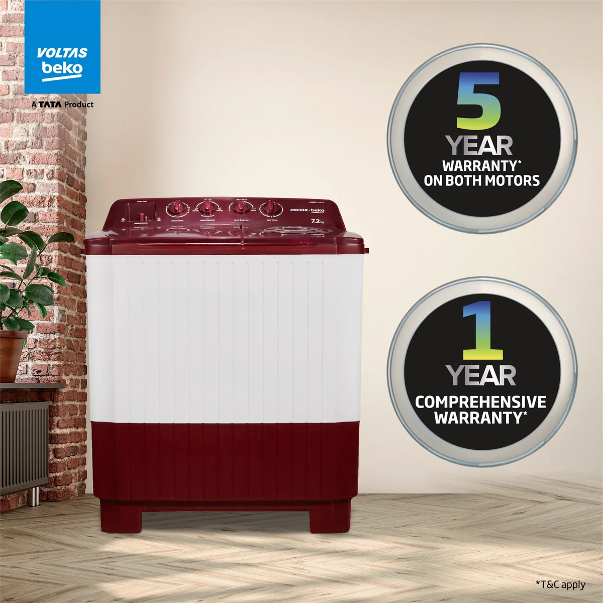 7.2 Kg Semi Automatic Washing Machine ( WTT72ASPL,Maroon White) , Voltas Beko, A Tata Product - Image 8