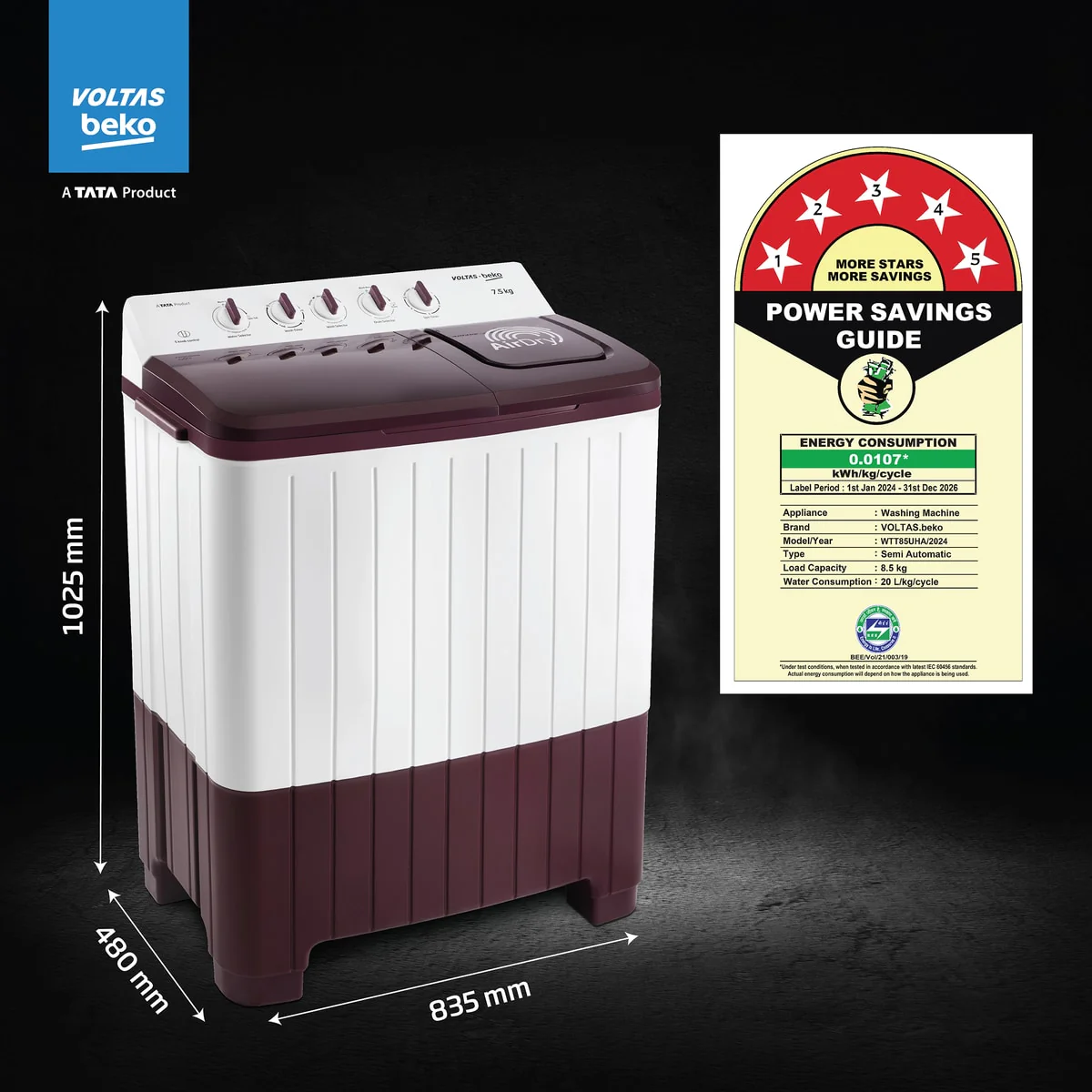 7.5 Kg 5 Star Semi-Automatic Top Loading Washing Machine (WTT75UHA/OK5R0R0W01, Burgundy, Air Dry & Pulsator wash technology) , Voltas Beko, A Tata Product - Image 3