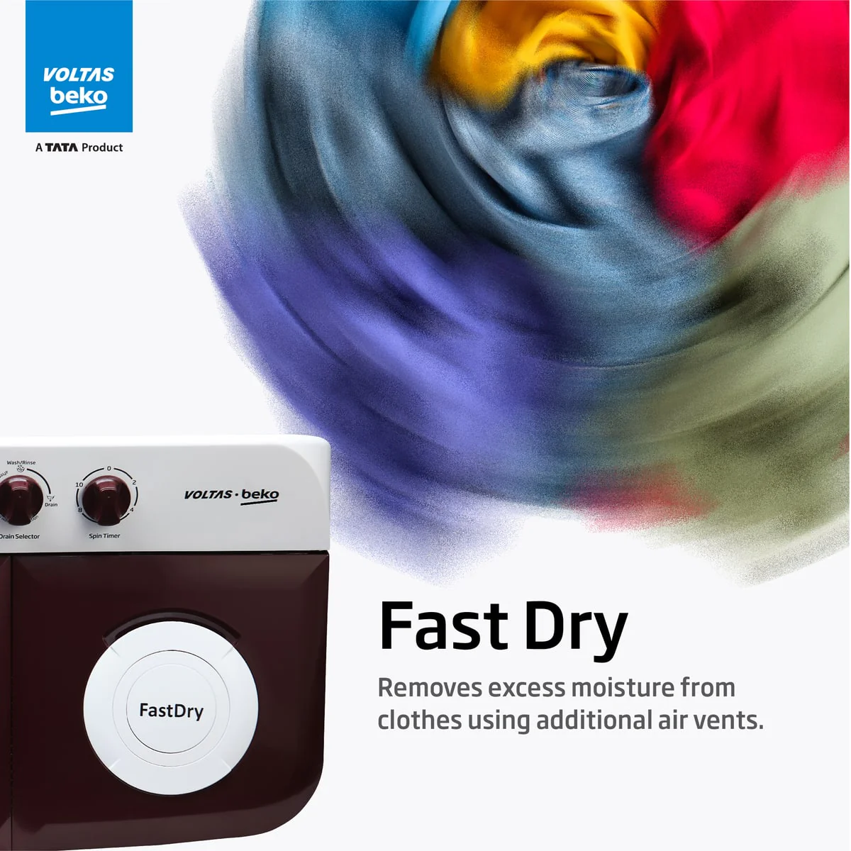 7 Kg 5 Star with Fast Dry Double Waterfall 5 Wing Pulsator Semi Automatic Top Load Washing Machine (WTT70DBRTF, Maroon & White) , Voltas Beko, A Tata Product - Image 3