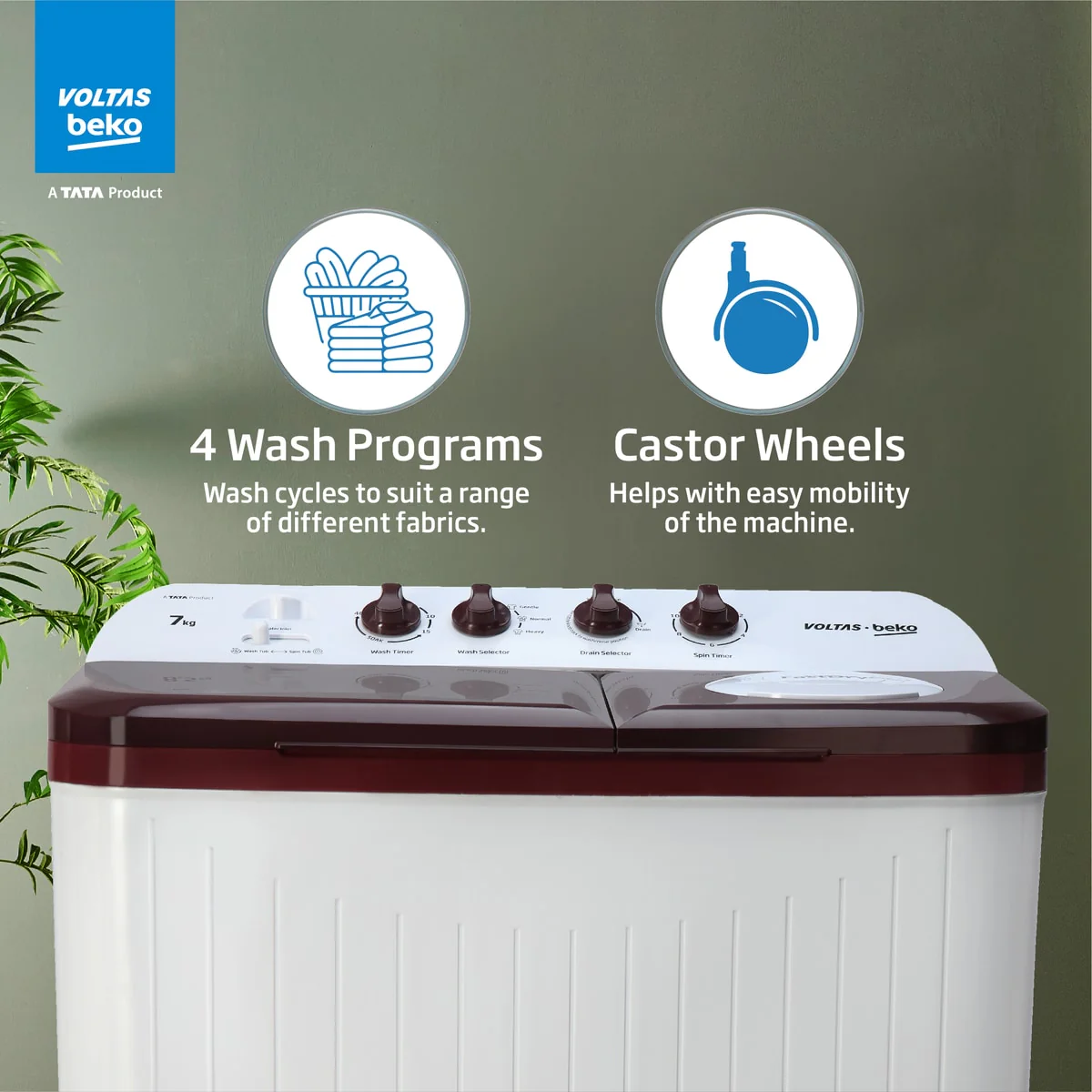 7 Kg 5 Star with Fast Dry Double Waterfall 5 Wing Pulsator Semi Automatic Top Load Washing Machine (WTT70DBRTF, Maroon & White) , Voltas Beko, A Tata Product - Image 6