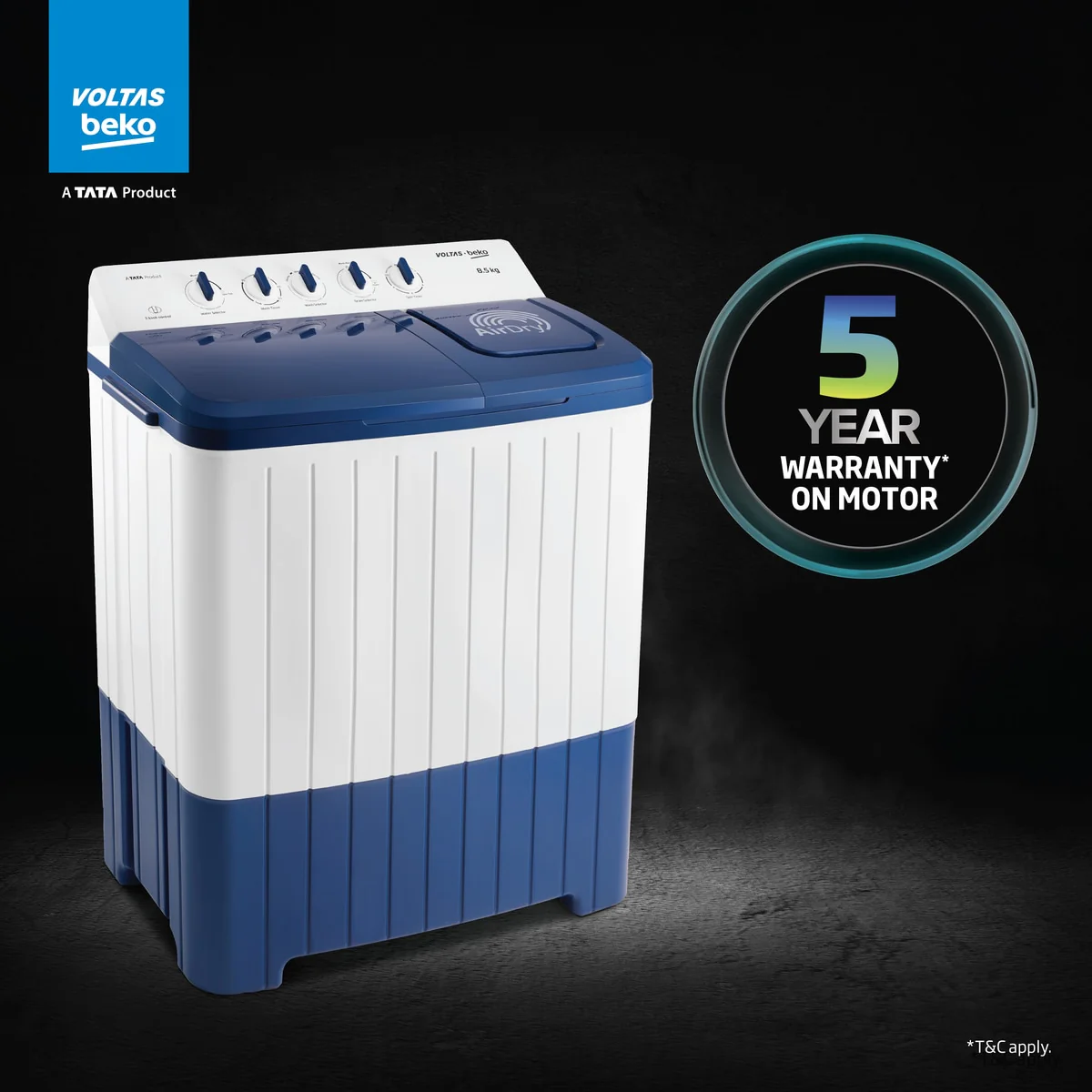 8.5 Kg 5 Star Semi-Automatic Top Loading Washing Machine (WTT85UHA/OK5I0I0W01, Blue, Air Dry & Pulsator wash technology) , Voltas Beko, A Tata Product - Image 3