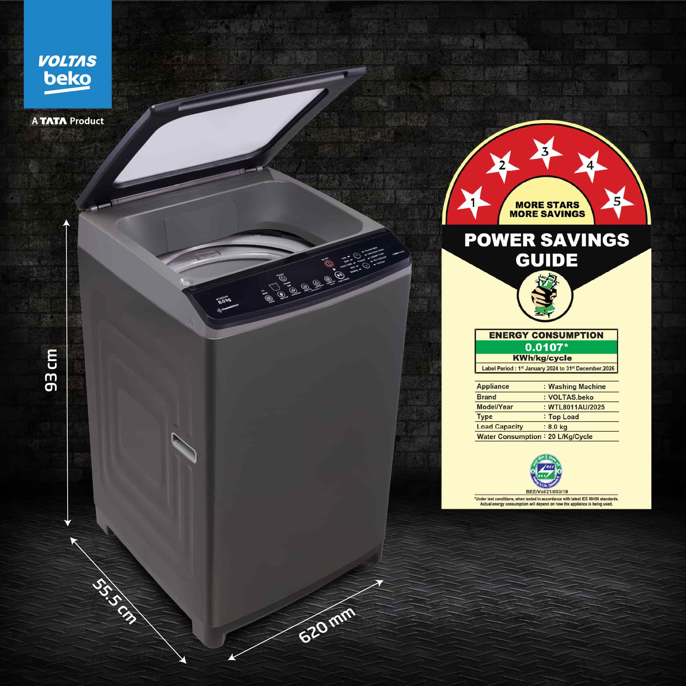 8 Kg 5 Star Fully Automatic Top Load Washing Machine (WTL8011AU, Aqua Wave Drum, Grey) , Voltas Beko, A Tata Product - Image 3