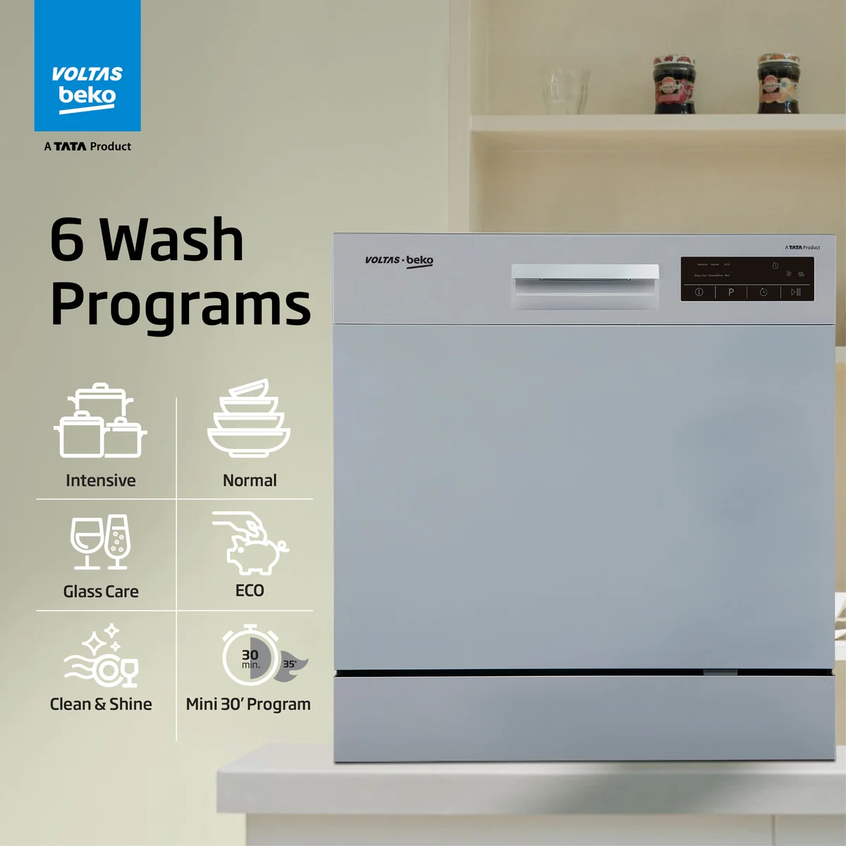 8 Place Settings Table Top Dishwasher (DT8S, Silver, Inbuilt Heater) ,Voltas Beko, A Tata Product - Image 5