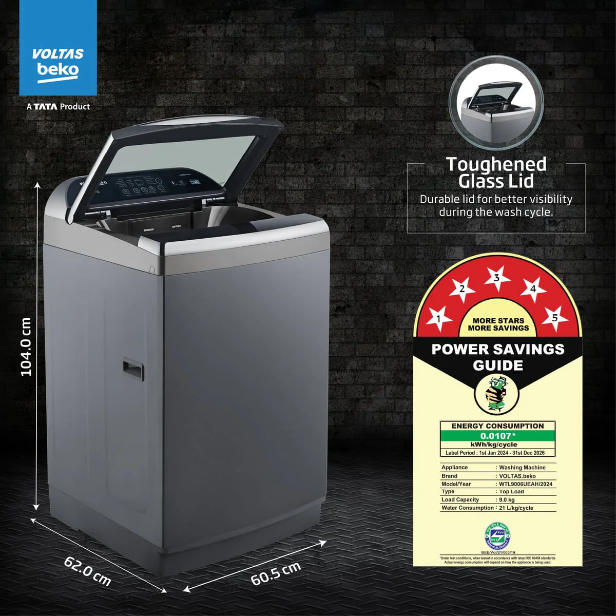 9 Kg 5-Star Fully Automatic Top Load Washing Machine (WTL9006UEAH/DPB0HD, Dark Grey, Double Waterfall Technology) , Voltas Beko, A Tata Product - Image 3