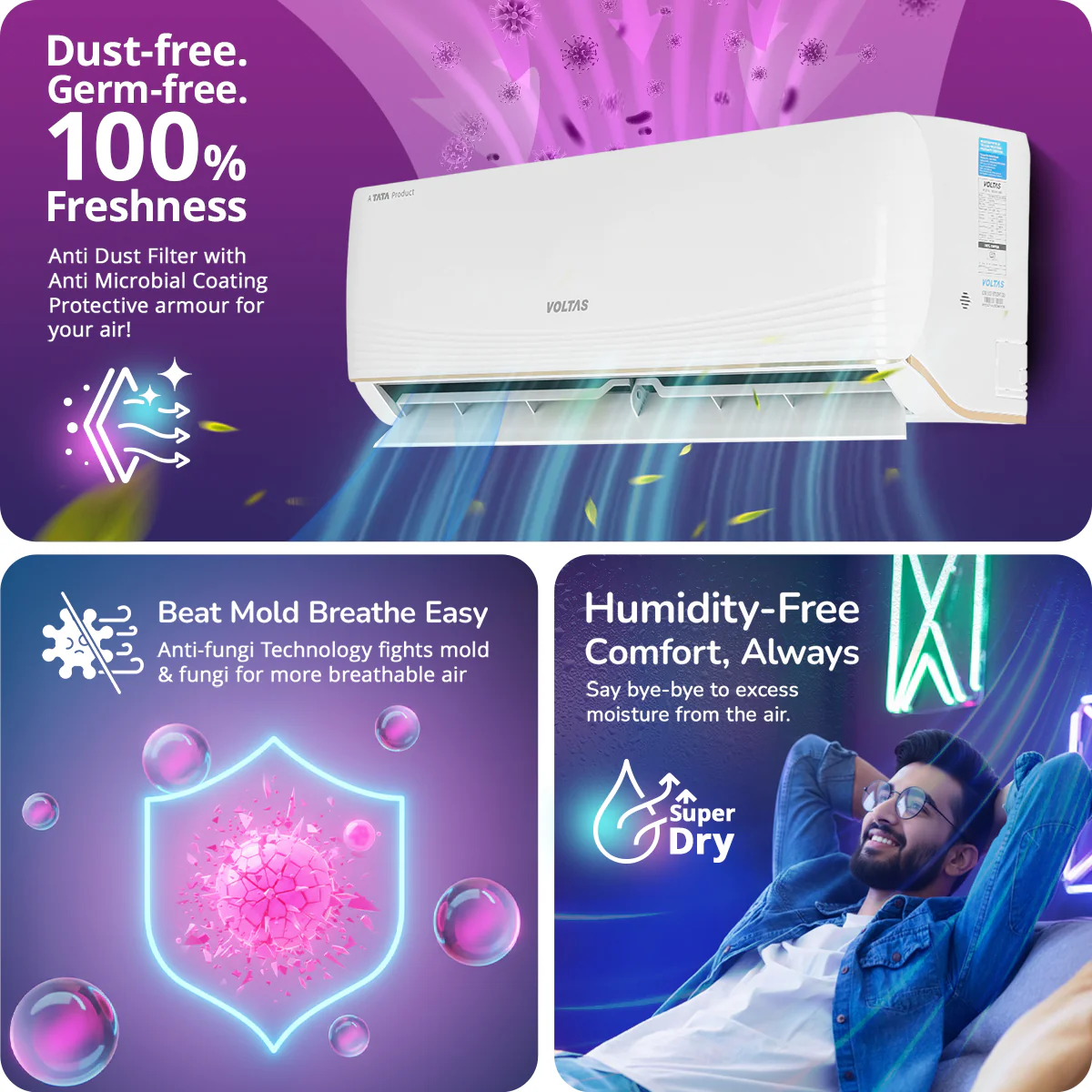 Voltas Split Air Conditioner, 1 Ton, 3 Star - 123INV Vertis AI Zest Gold - Image 9