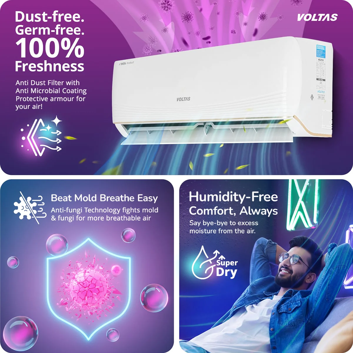Voltas Split Air Conditioner, 1.5 Ton, 3 Star - 183INV Vertis AI Zest Gold - Image 12