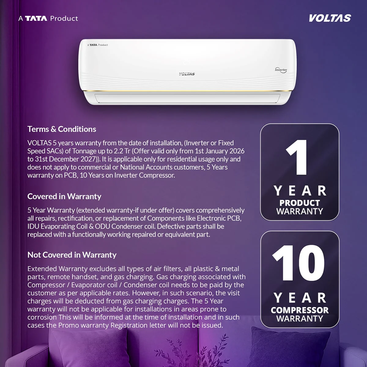 Voltas Split Air Conditioner, 1.5 Ton, 3 Star - 183INV Vertis AI Zest Gold - Image 16