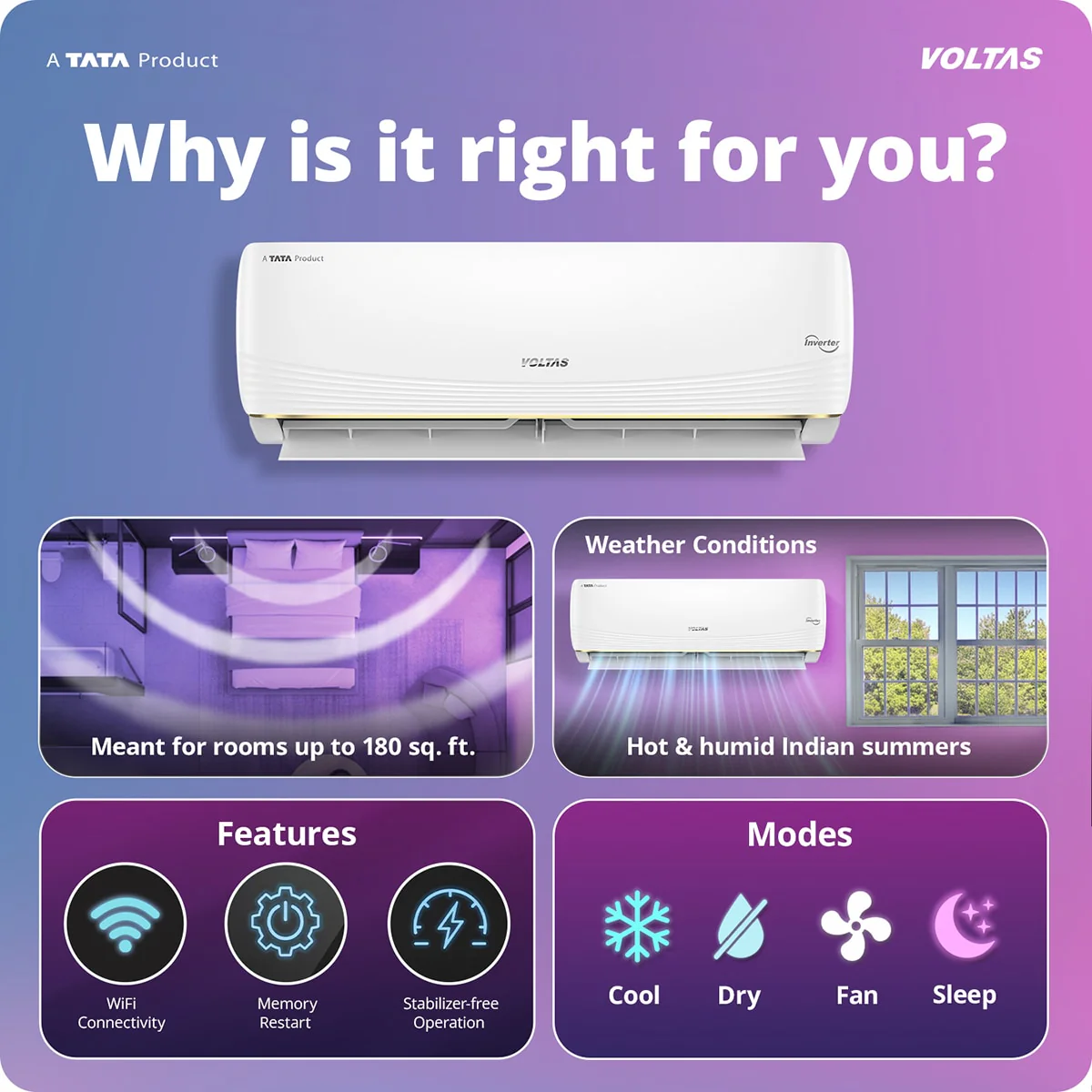 Voltas Split Air Conditioner, 1.5 Ton, 3 Star - 183INV Vertis AI Zest Gold - Image 3