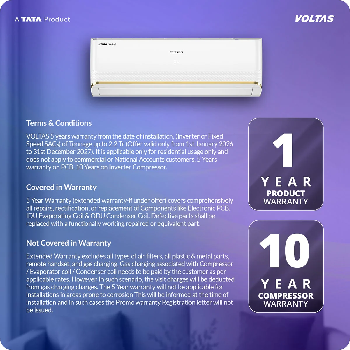 Voltas Split Air Conditioner, 1.5 Ton, 3 Star - 183INV Vertis Zephyr Gold - Image 14