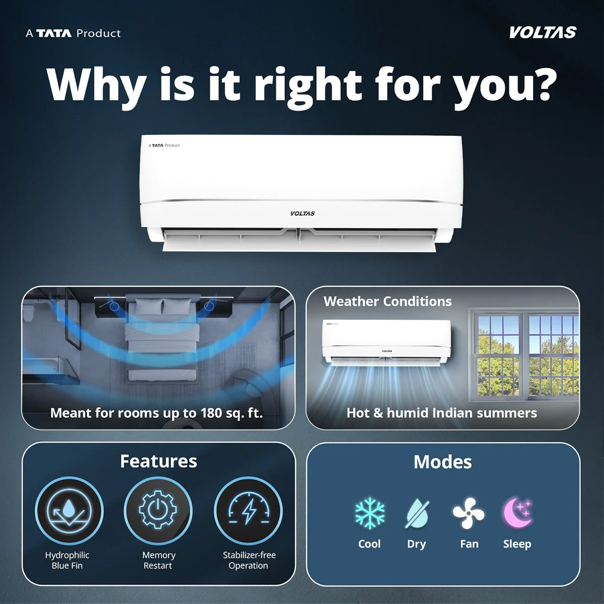 Voltas Split Air Conditioner, 1.5 Ton, 3 Star - 183INVHC Vectra Zenith - Image 3
