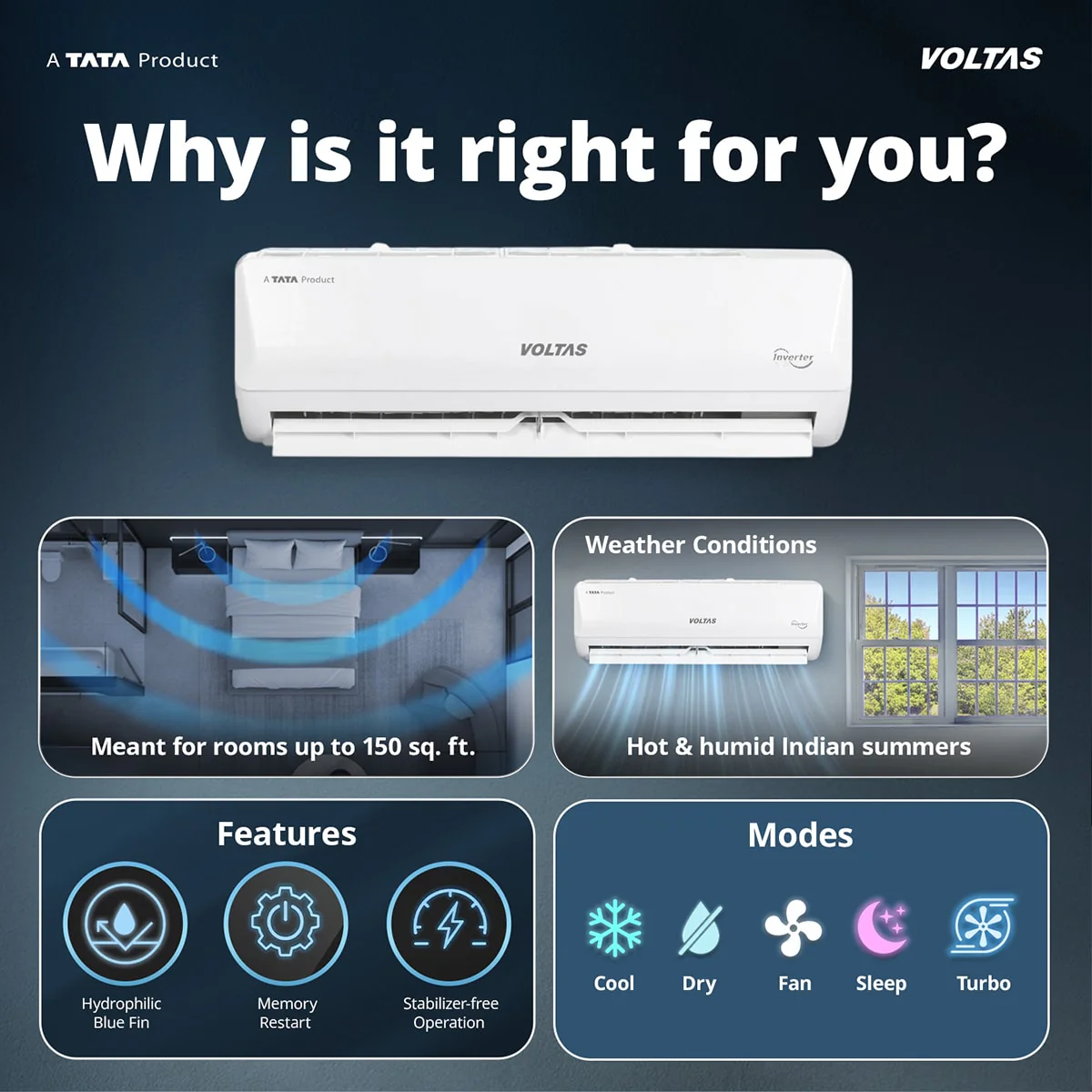 Voltas Split Air Conditioner, 1 Ton, 3 Star - 123INV Vectra Emerald - Image 3