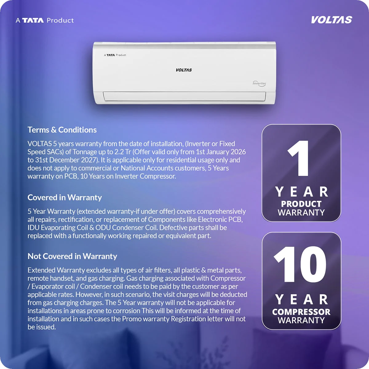 Voltas Split Air Conditioner, 1 Ton, 3 Star - 123INV Vertis Elite - Image 14