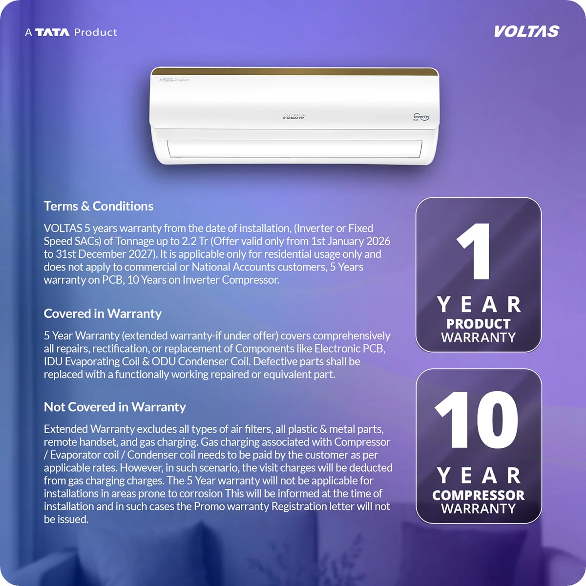 Voltas Split Air Conditioner, 1 Ton, 3 Star - 123INV Vertis Elite Gold - Image 14
