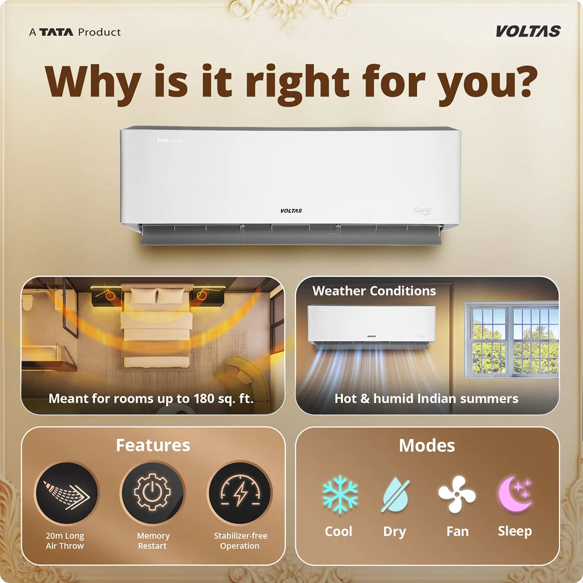 Voltas Split Air Conditioner, 2 Ton, 3 Star - 243INV Venus Luxe - Image 3